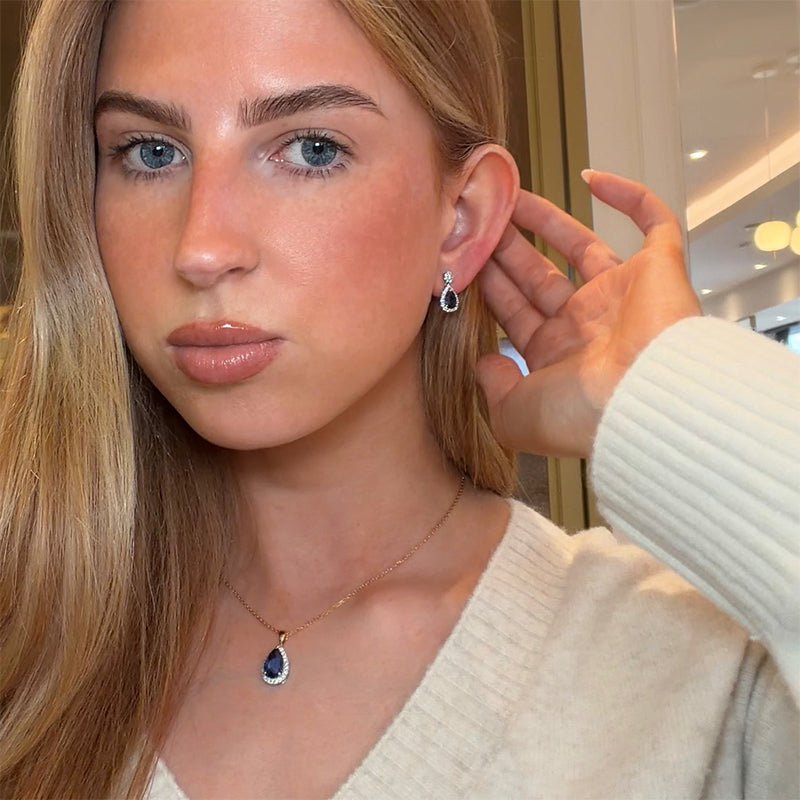 Pear Sapphire & Diamond Halo Drop Earrings