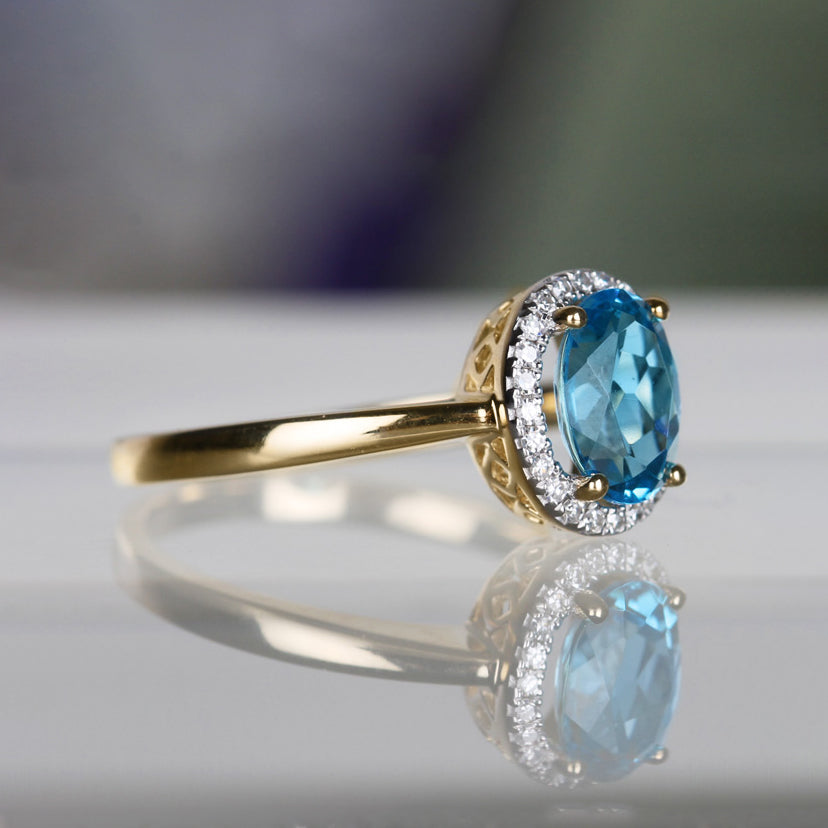 Rocks Swiss Blue Topaz & Diamond Halo Ring - 1.37ct