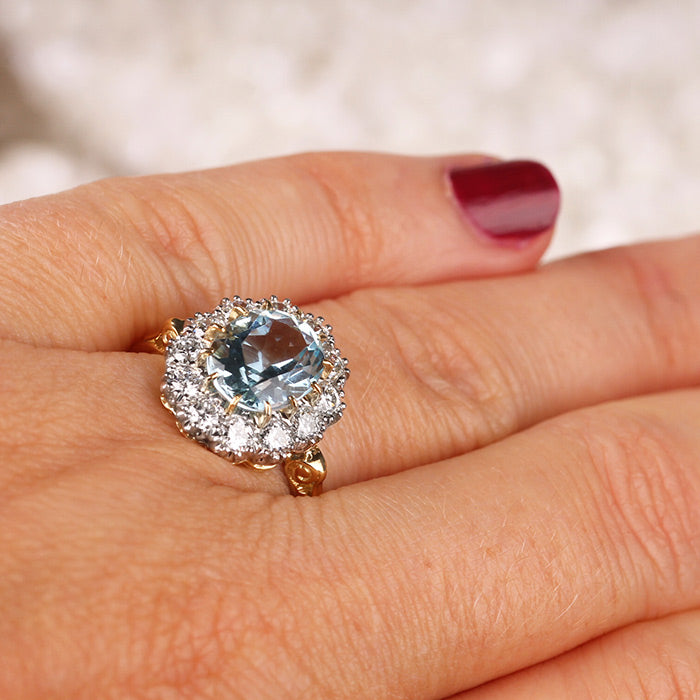 Oval Aquamarine & Diamond Cluster Ring