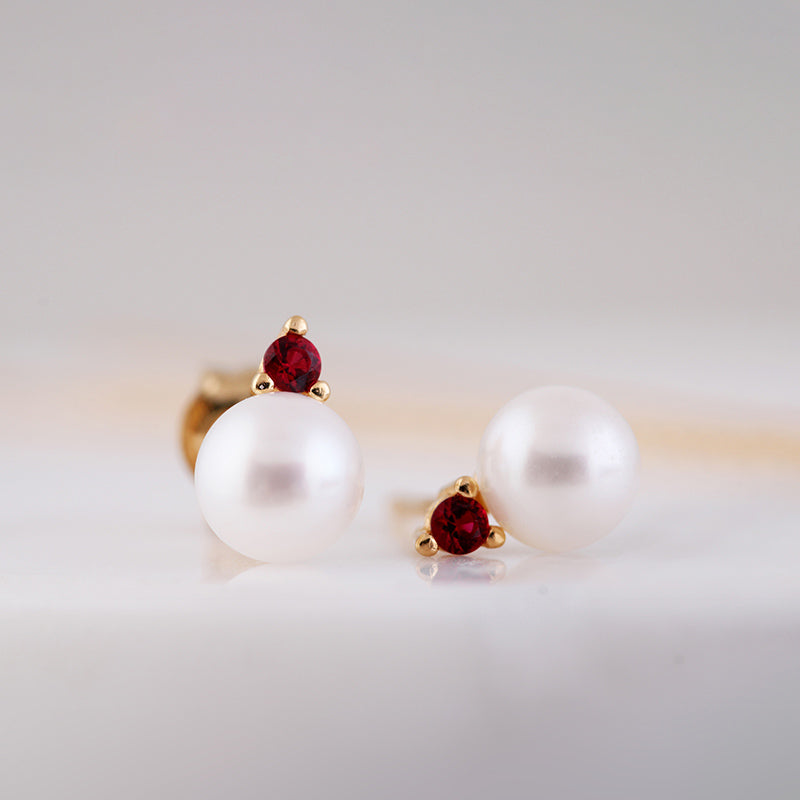 Pearl & Red Stone Drop Earrings