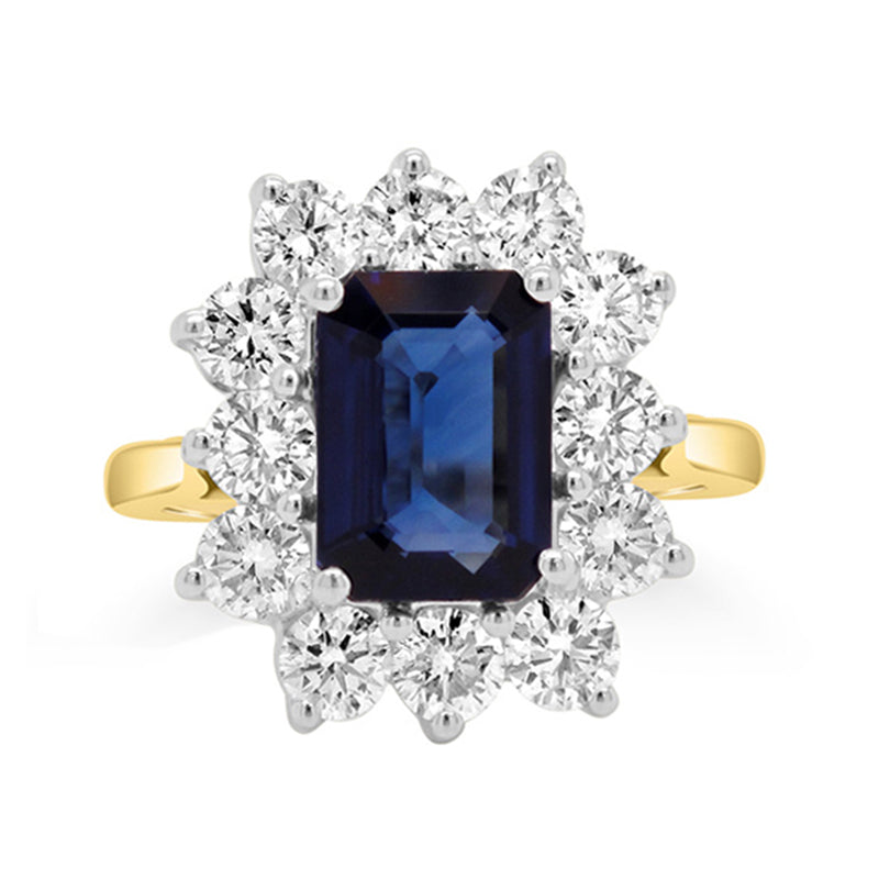 Emerald Cut Sapphire & Diamond Cluster Ring