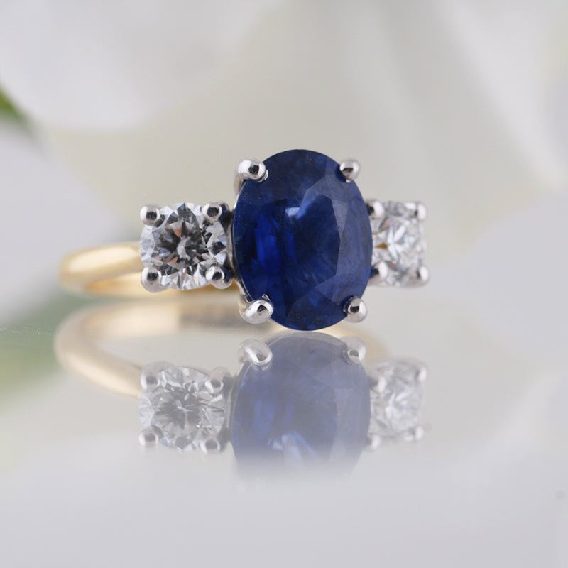Oval Ceylon Sapphire & Diamond Three Stone Ring