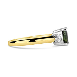 Green Sapphire & Heart Diamond Three Stone Ring