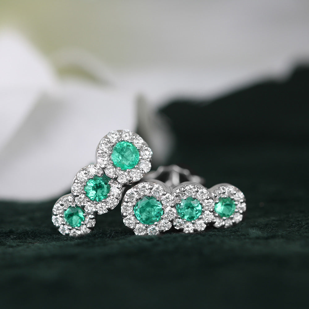 Emerald & Diamond Triple Halo Earrings