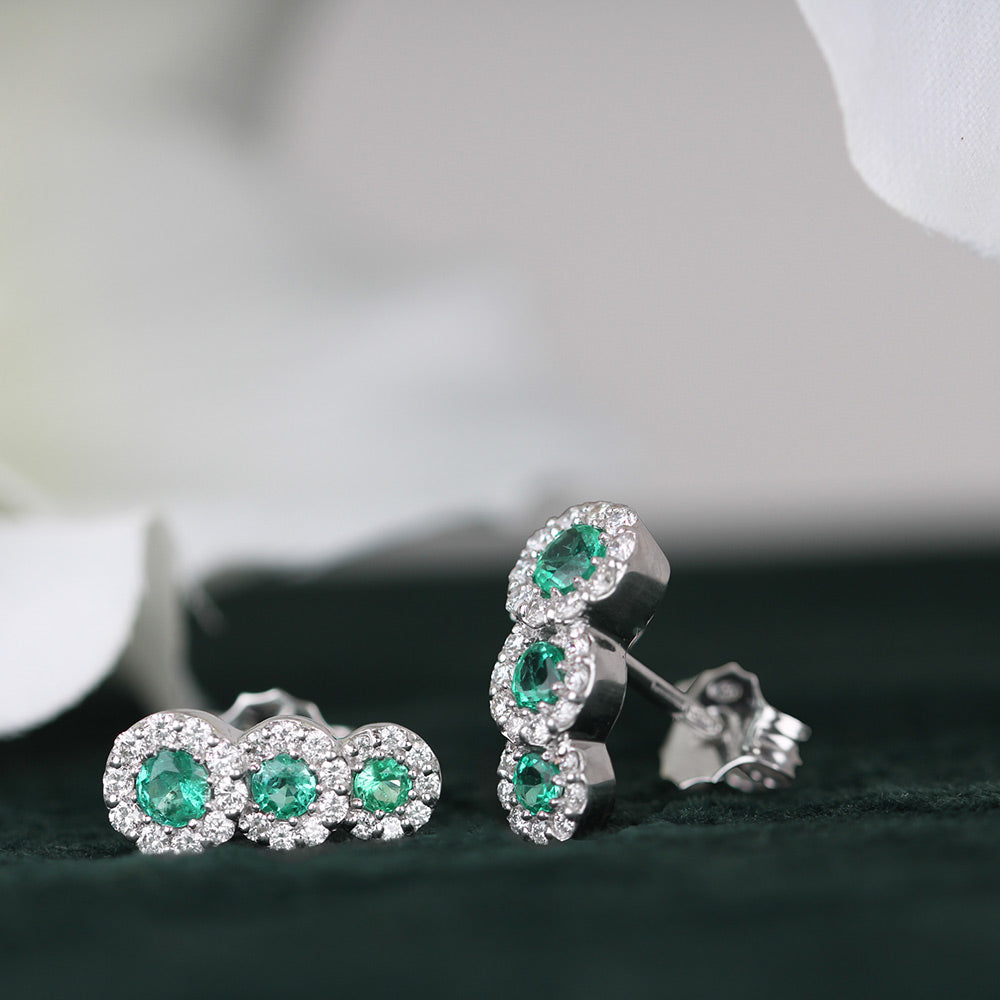 Emerald & Diamond Triple Halo Earrings