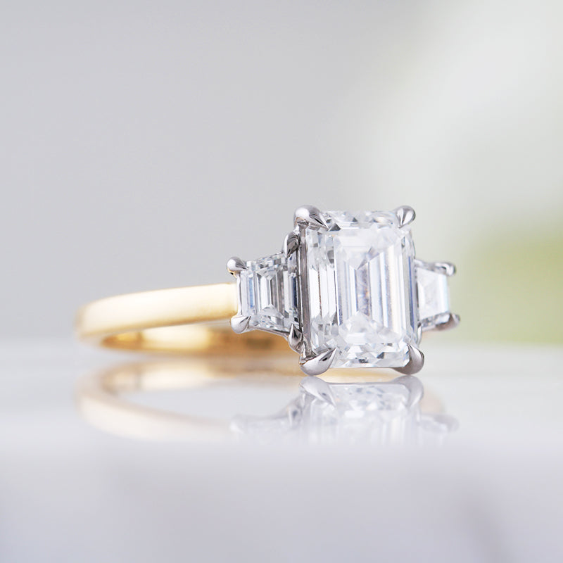 Emerald & Trapezoid Diamond Three Stone Ring 2.48ct