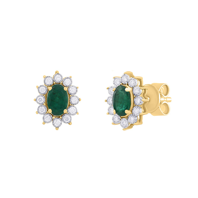Oval Emerald & Diamond Cluster Stud Earrings
