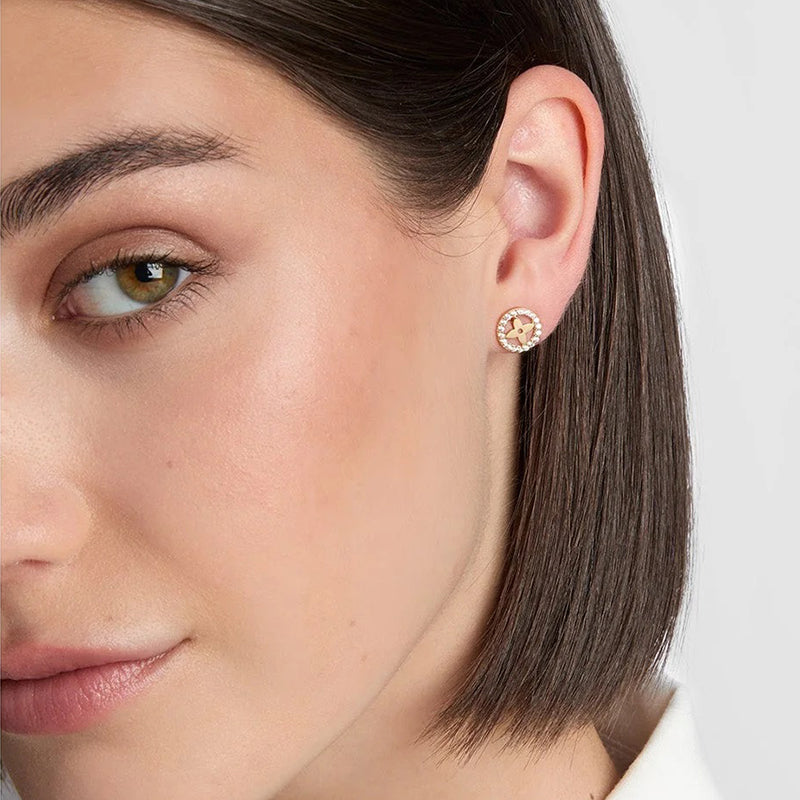 White Stone Circle & Flower Stud Earrings