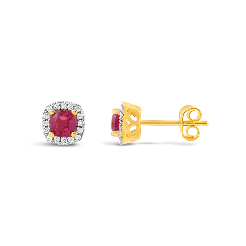 Ruby Red & CZ Halo Stud Earrings