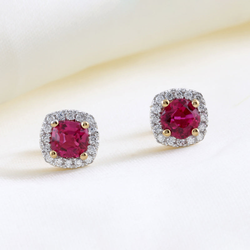 Ruby Red & CZ Halo Stud Earrings