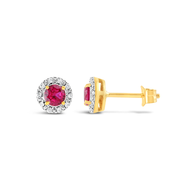 Ruby Red & CZ Halo Stud Earrings