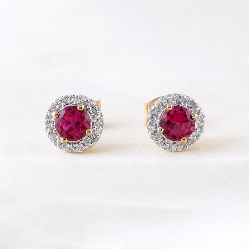 Ruby Red & CZ Halo Stud Earrings