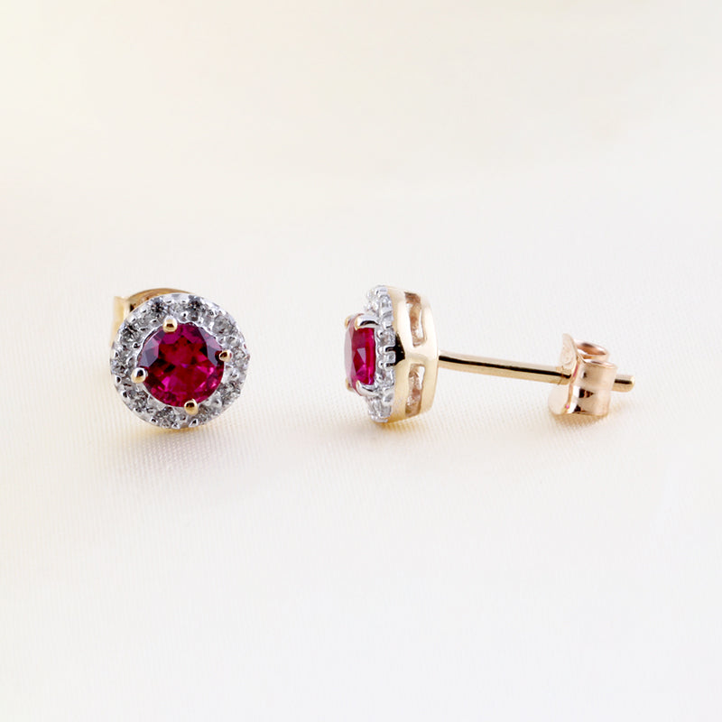 Ruby Red & CZ Halo Stud Earrings