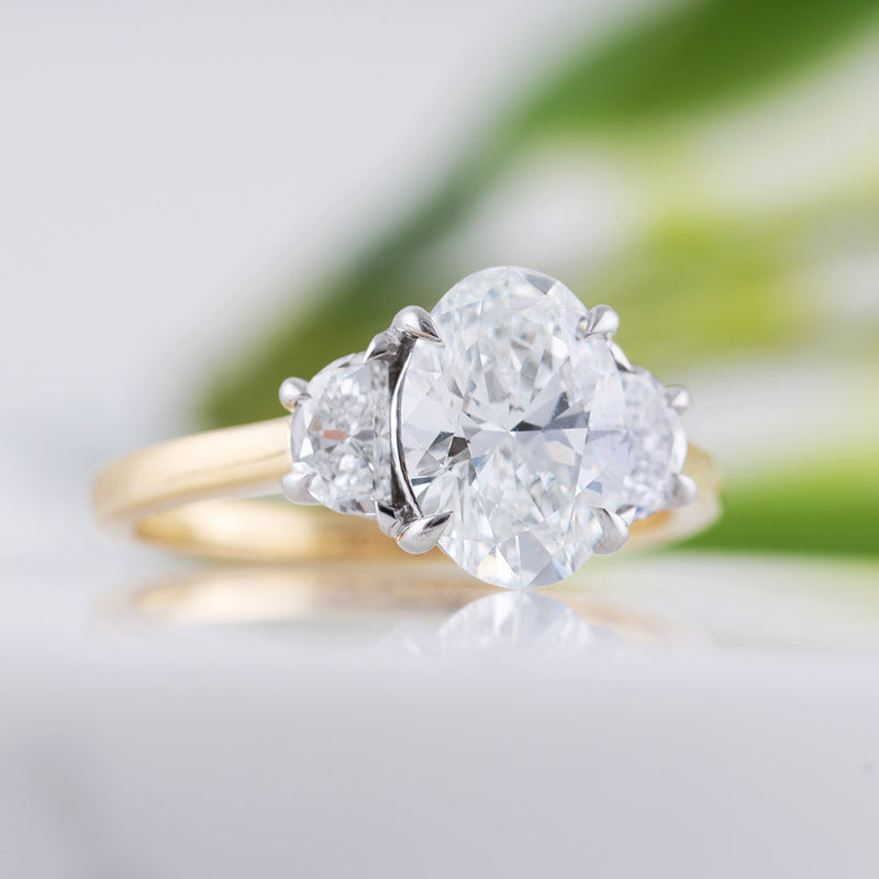 Oval & Half Moon Diamond Three Stone Engagement Ring 1.93ct