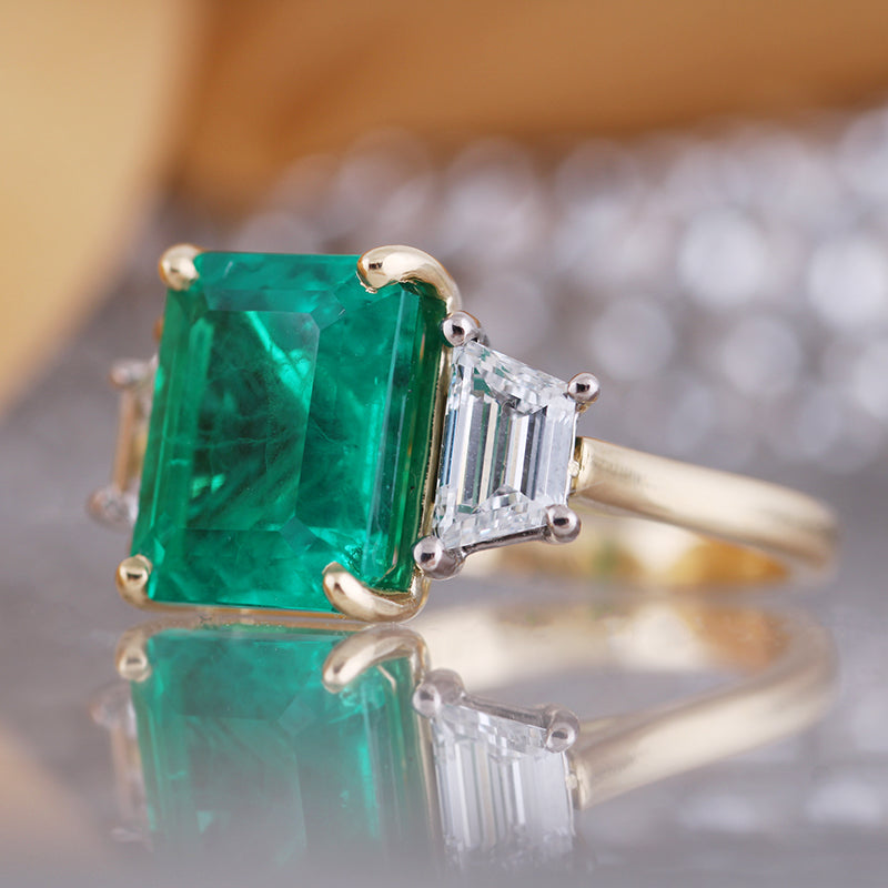 Beryl Emerald & Diamond Three Stone Ring