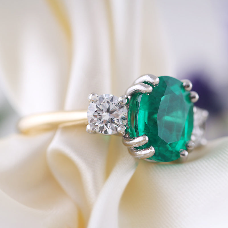 Oval Emerald & Diamond Three Stone Ring 3.85ct