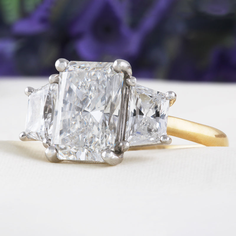 Radiant & Trapezoid Cut Three Stone Engagement Ring 3.91ct