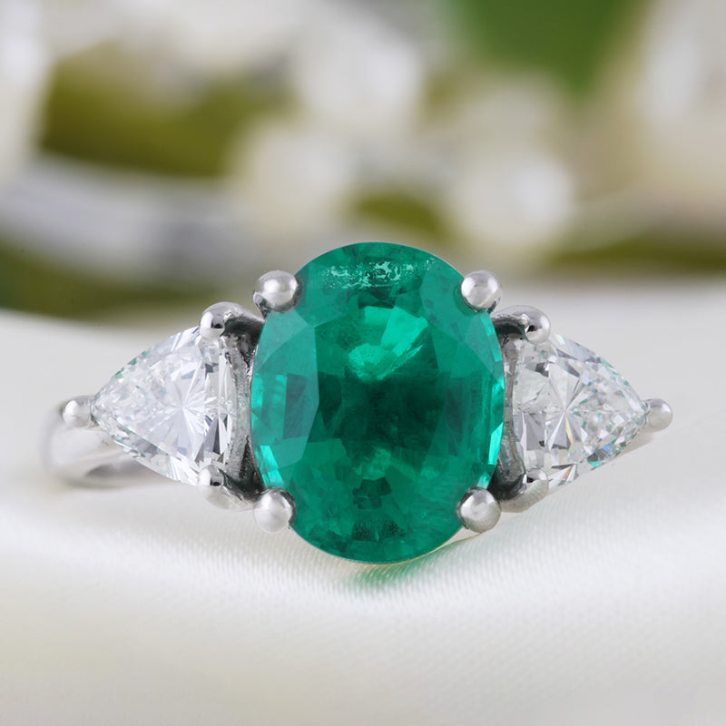 Oval Emerald & Trillion Diamond Three Stone Ring