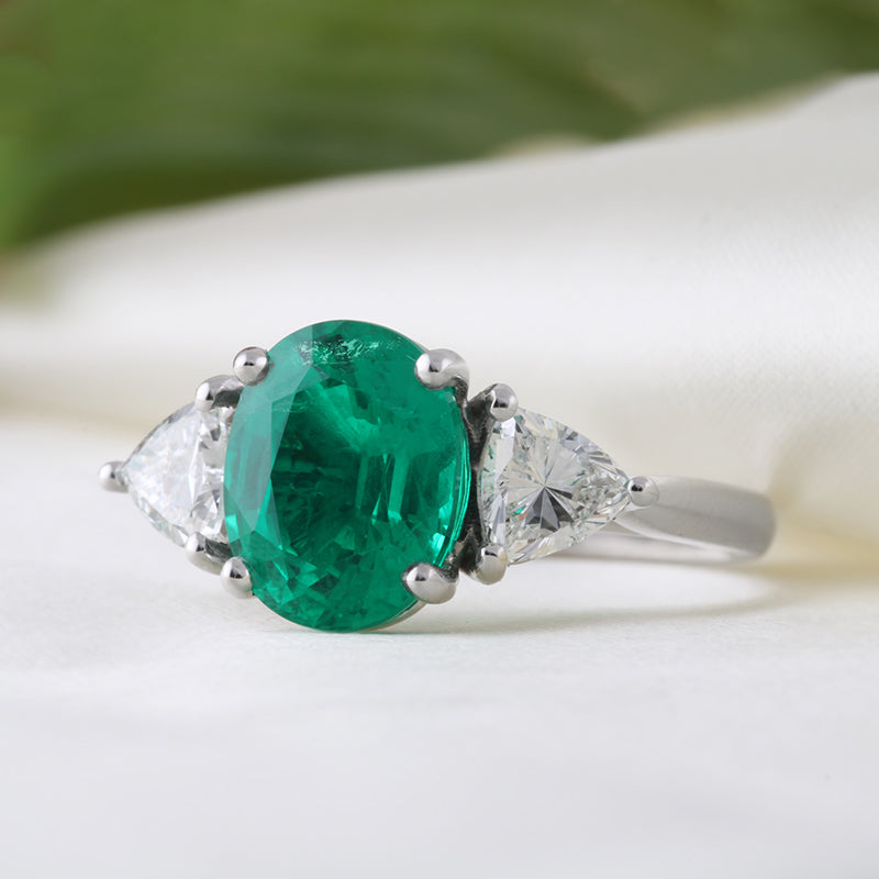 Oval Emerald & Trillion Diamond Three Stone Ring