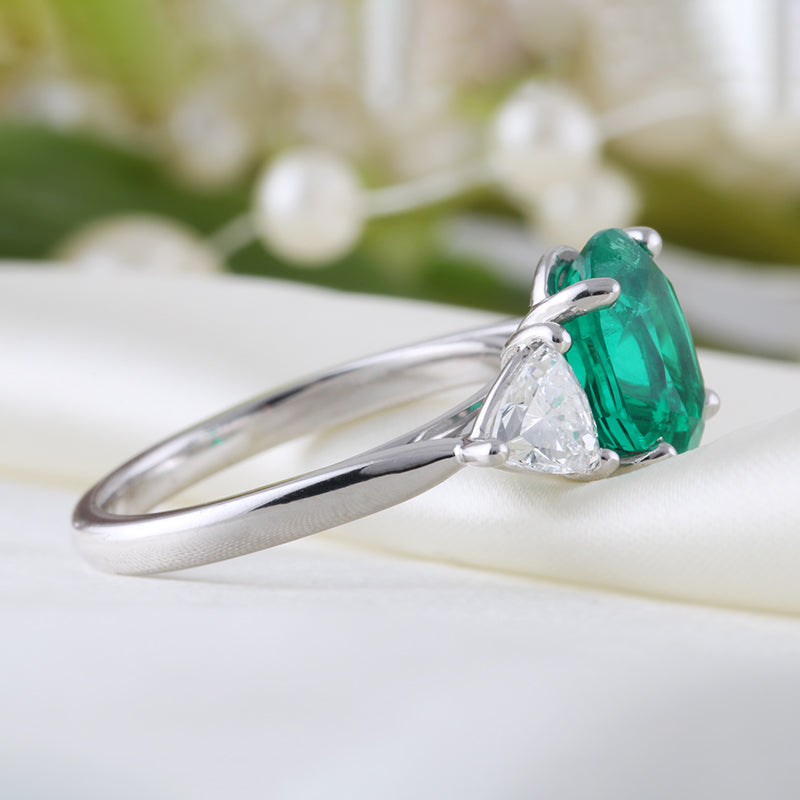 Oval Emerald & Trillion Diamond Three Stone Ring