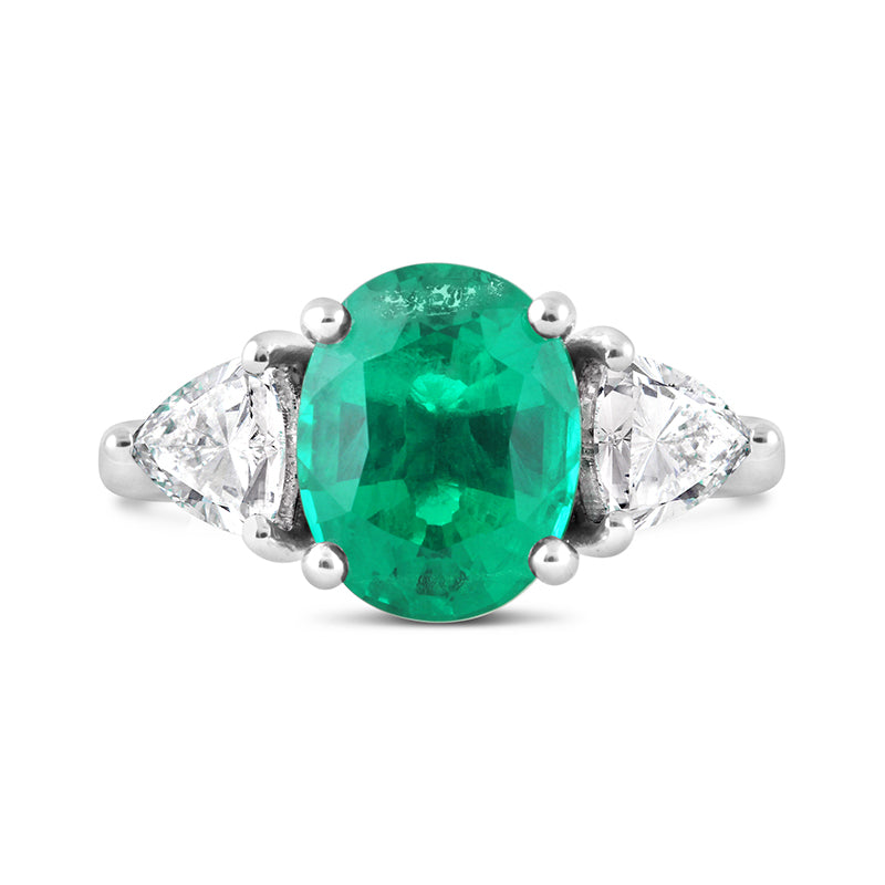Oval Emerald & Trillion Diamond Three Stone Ring