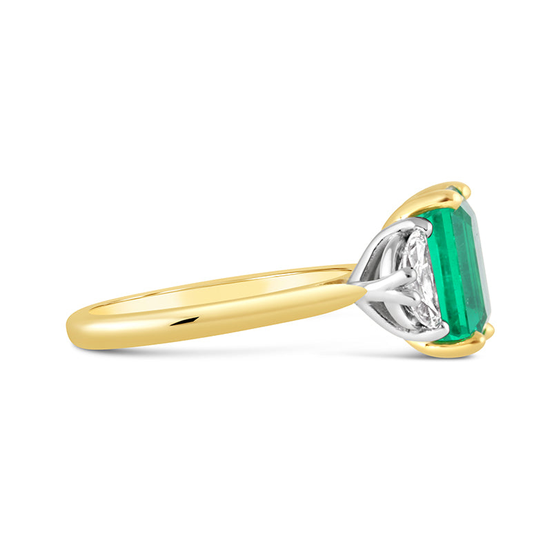 Emerald & Half Moon Cut Diamond Three Stone Ring
