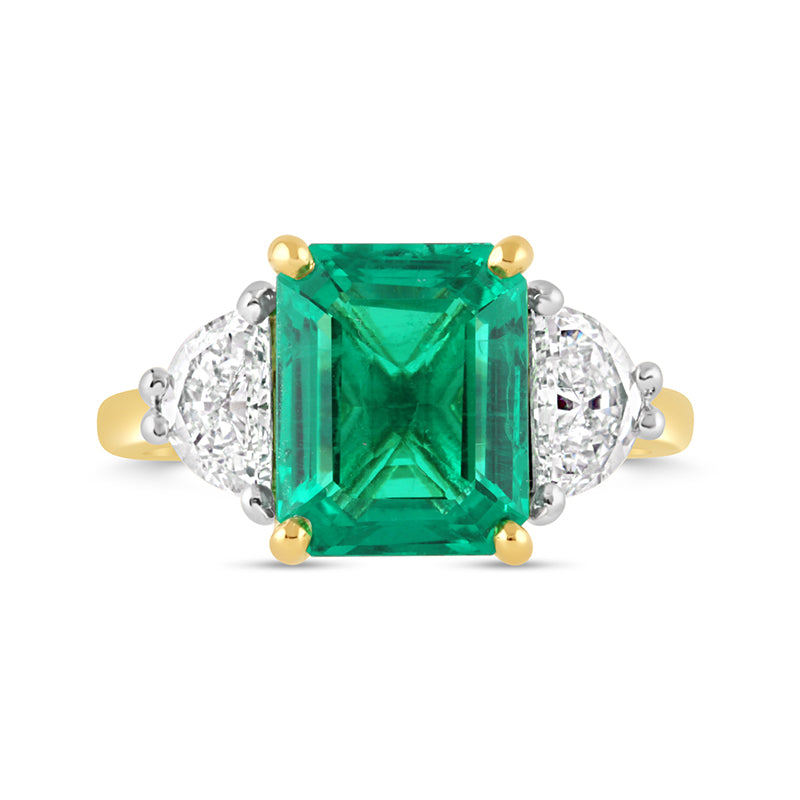 Emerald & Half Moon Cut Diamond Three Stone Ring