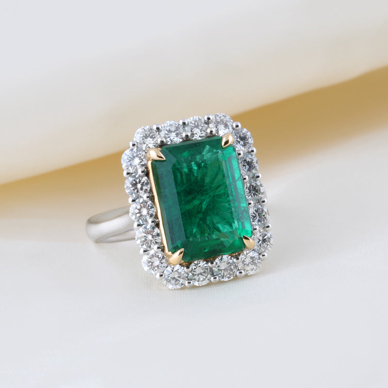 Cushion Cut Zambian Emerald & Diamond Halo Ring