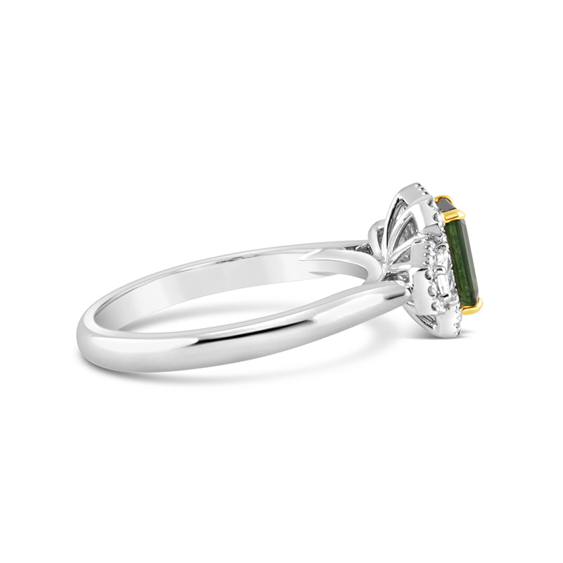 Green Sapphire & Diamond Halo Ring