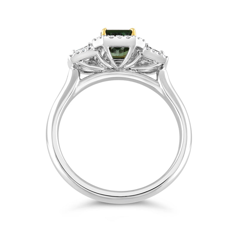 Green Sapphire & Diamond Halo Ring