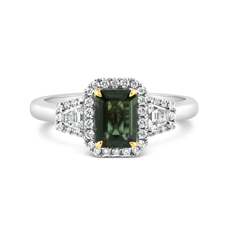 Green Sapphire & Diamond Halo Ring