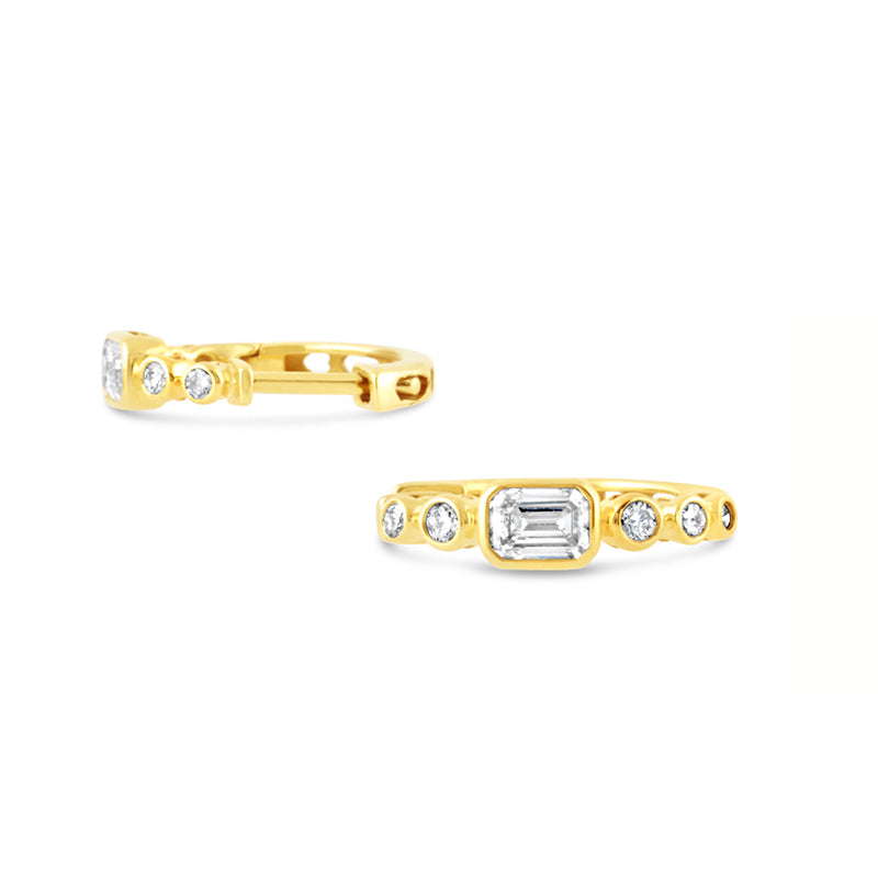 Emerald & Round Bezel Set Diamond Hoop Earrings 0.65ct