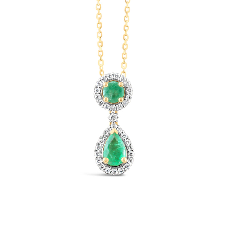 Round & Pear Emerald & Diamond Halo Pendant