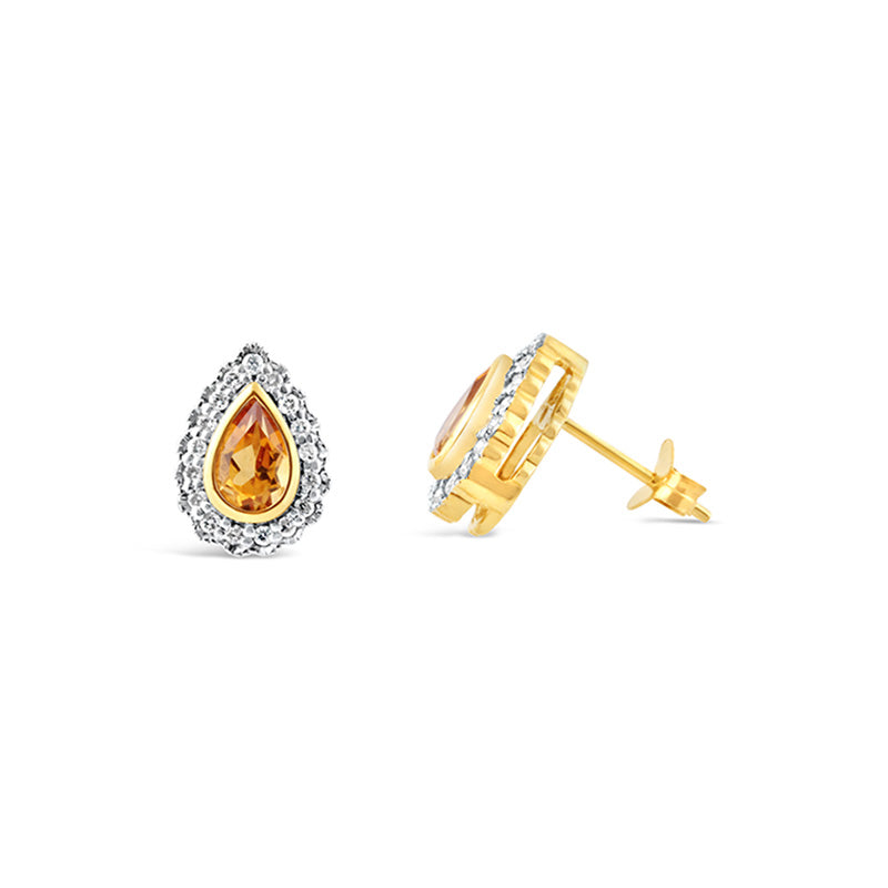 Pear Shaped Citrine & Diamond Halo Stud Earrings