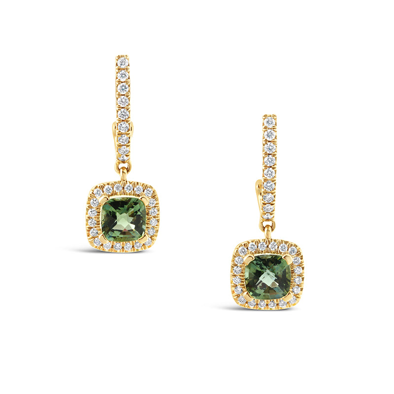 Green Tourmaline & Diamond Halo Drop Earrings