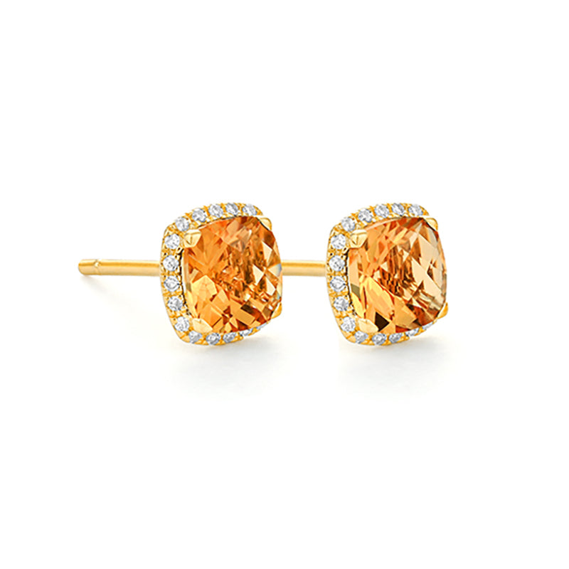 Cushion Cut Citrine Stud Earrings with Diamond Halo