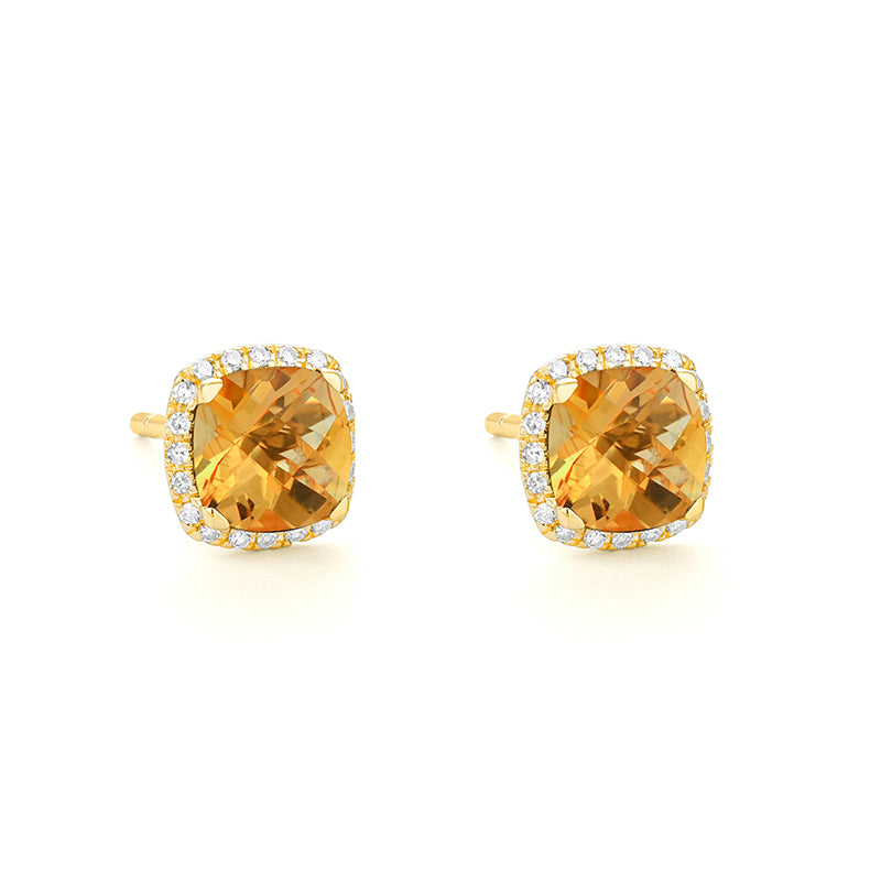 Cushion Cut Citrine Stud Earrings with Diamond Halo