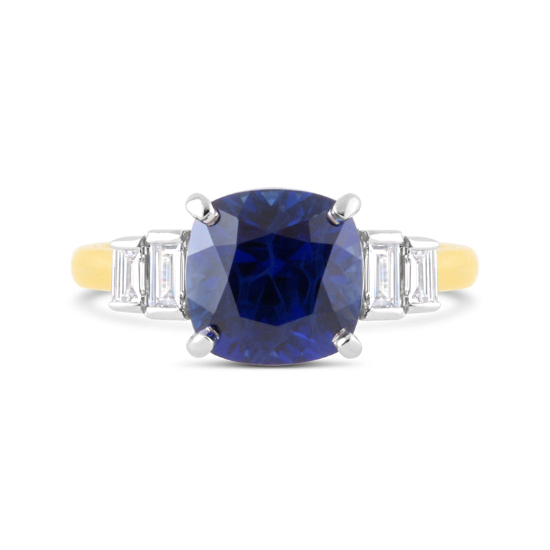Cushion Cut Sapphire & Emerald Cut Diamond Ring