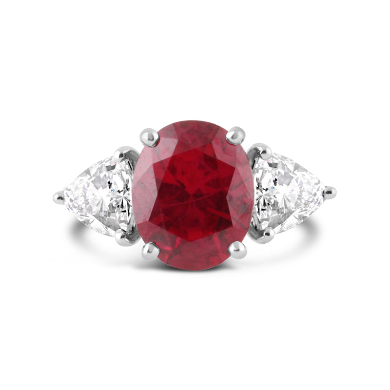 Oval Ruby & Trillion Diamond Three Stone Ring