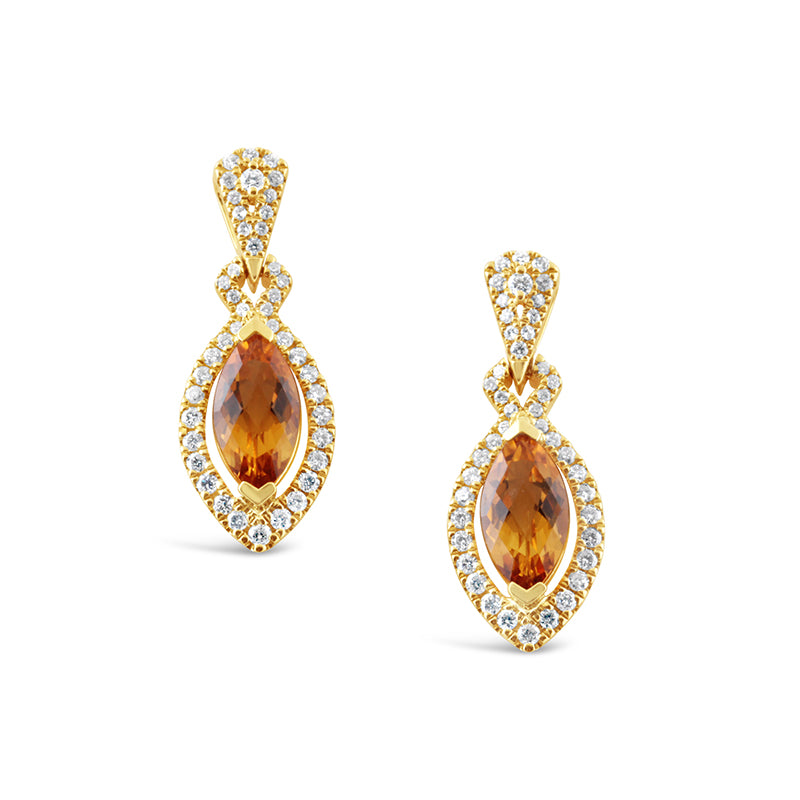 Marquise Cut Citrine & Diamond Halo Drop Earrings