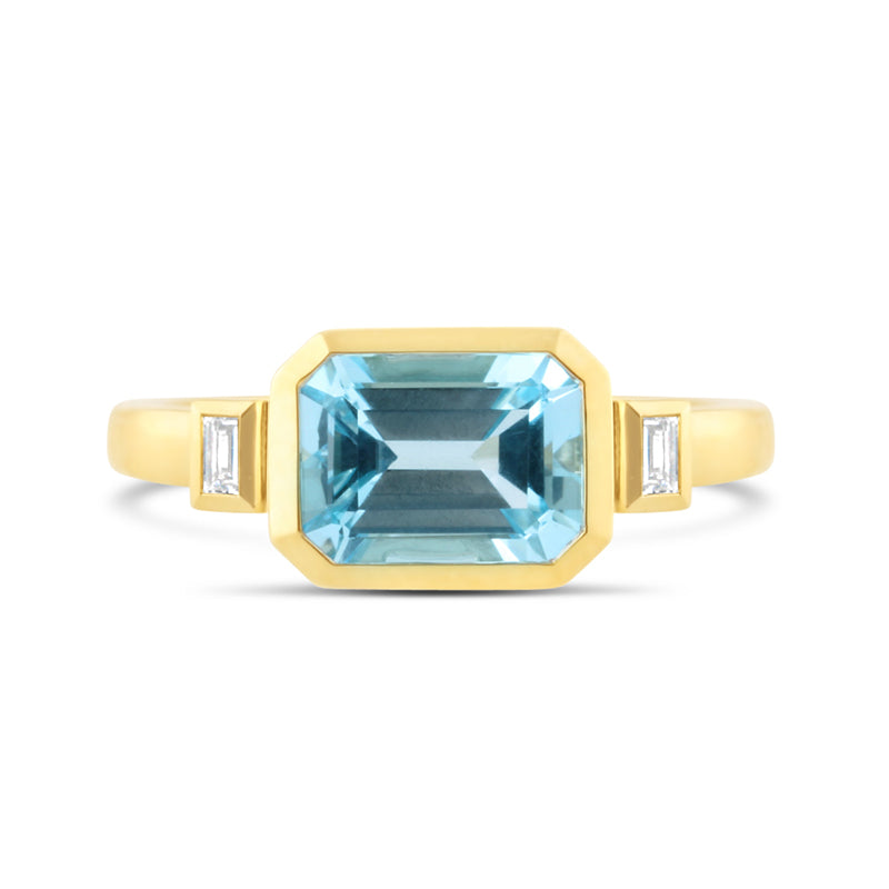Emerald Cut Blue Topaz & Baguette Diamond Ring