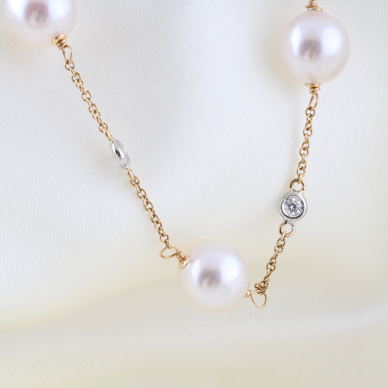 Akoya Pearl& Diamond Station Necklace 9mm