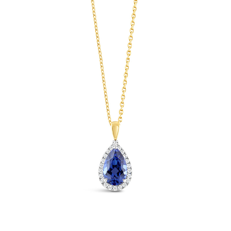 Pear Cut Sapphire & Diamond Halo Pendant