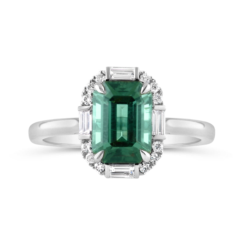 Emerald Cut Green Tourmaline & Diamond Halo Ring