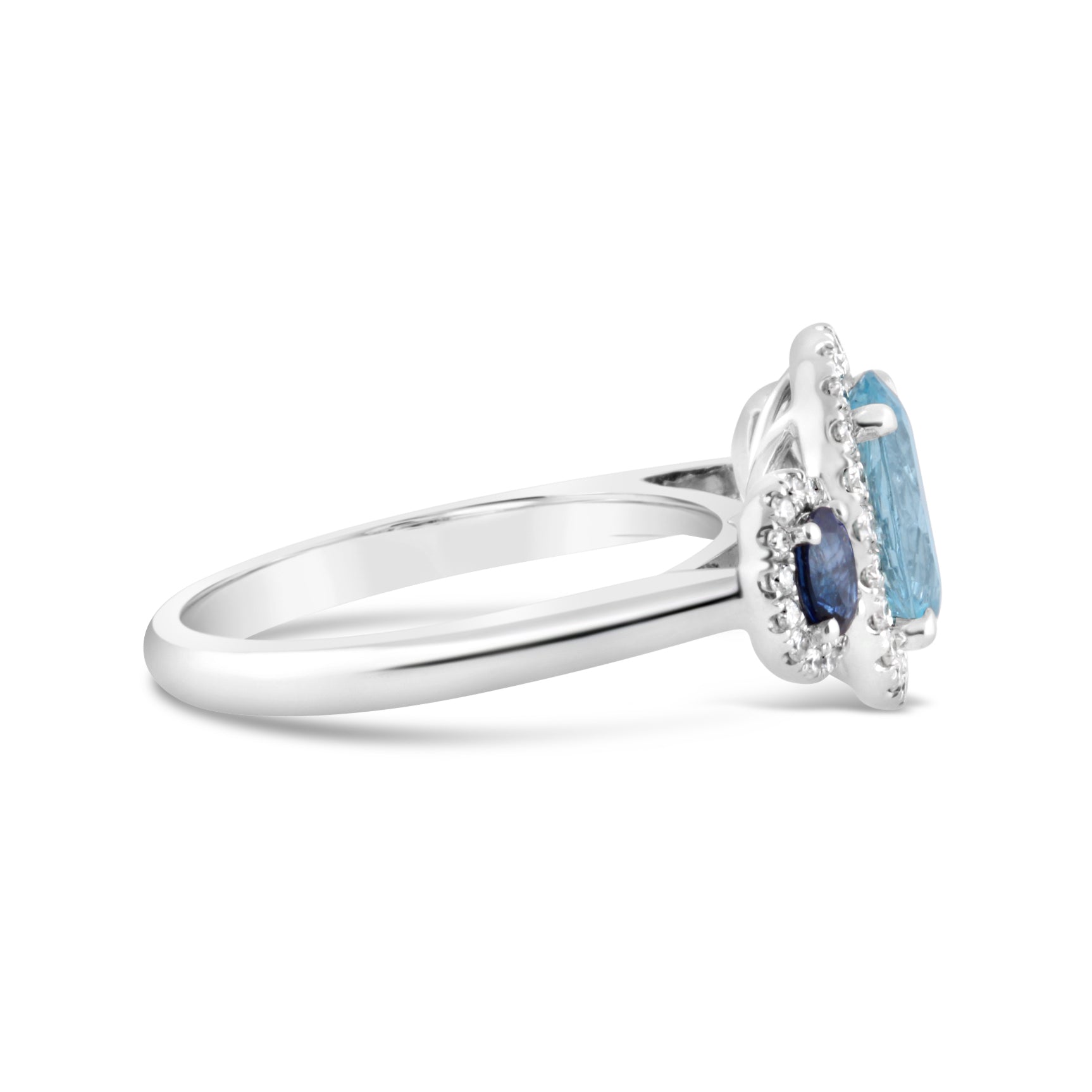 Oval Aquamarine, Sapphire & Diamond Trilogy Halo Ring