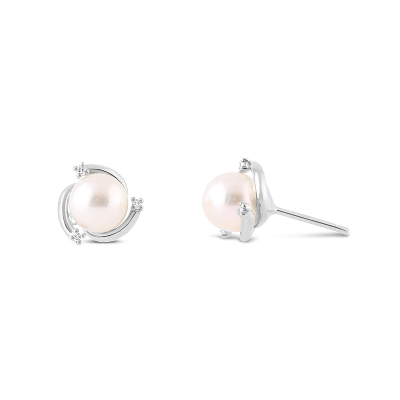Pearl & Diamond White Gold Swirl Stud Earrings
