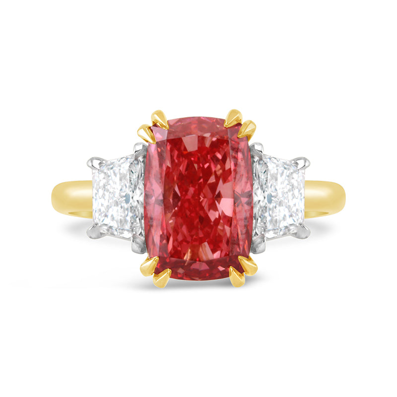 Fancy Vivid Pink Cushion & Trapezoid Diamond Three Stone Ring 4.34ct