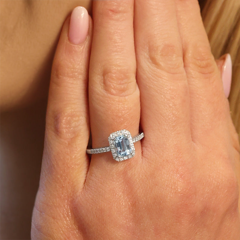 Octagon Aquamarine & Diamond Halo Ring