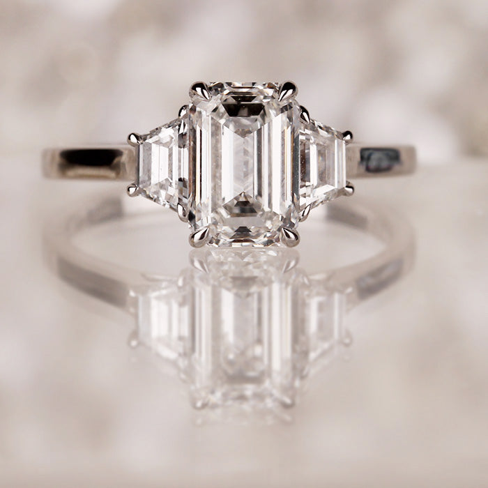 Emerald & Trapezoid Three Stone Engagement Ring 2.37ct