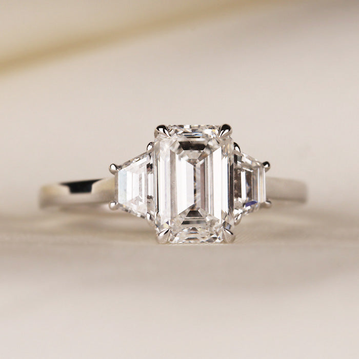 Emerald & Trapezoid Three Stone Engagement Ring 2.37ct